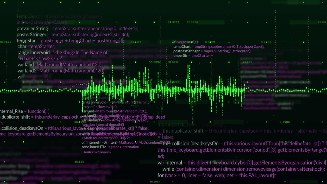 animación de ondas sonoras verdes que se mueven sobre lenguajes informáticos