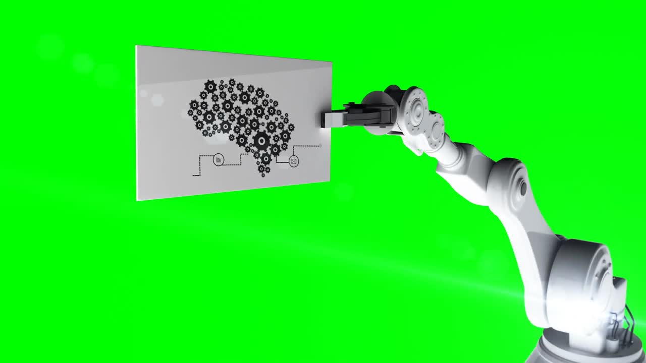 Digitally generated video of robotic arm holding card with diagram of machine