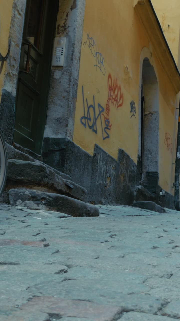Couple walking down a European street with luggage