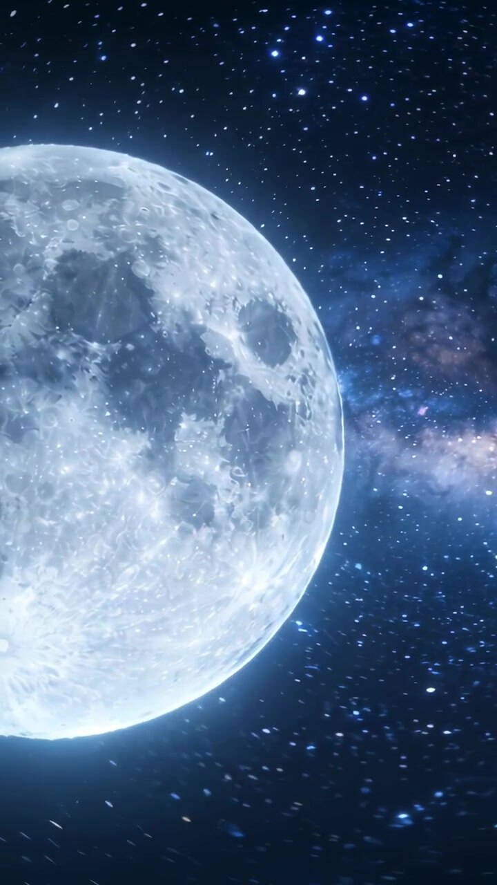 Vídeo vertical: Câmera panorâmica revelando a Lua à esquerda enquanto mostra a Via Láctea e faíscas no espaço