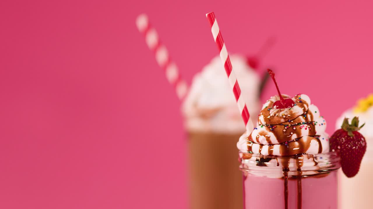 Hand places cherry on whipped cream-topped strawberry milkshake with chocolate drizzle, bright pink background