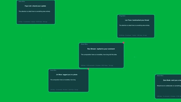 Single teal notice appearing, starting card cluster animating to show links on transparent canvas