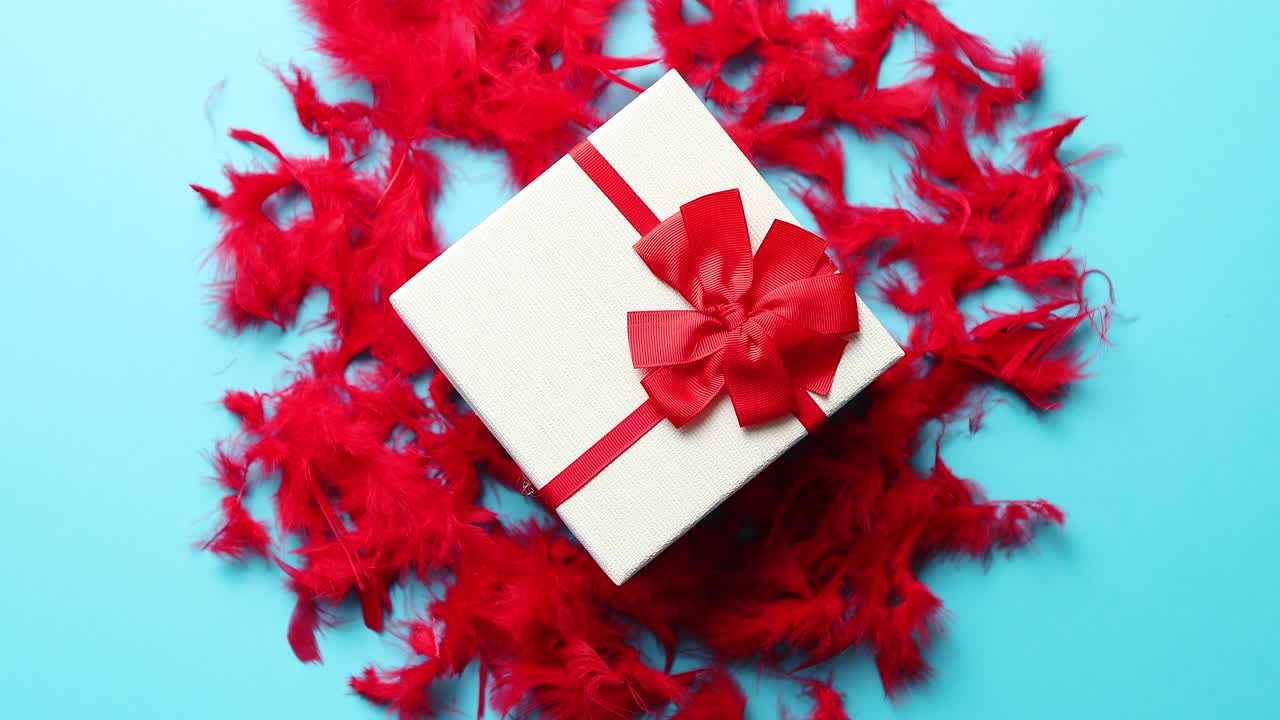 caja con un regalo atado con una cinta colocada sobre plumas rojas