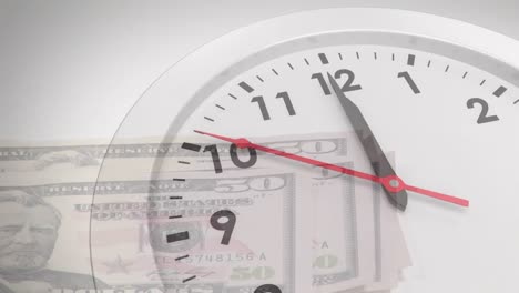 animation of clock ticking over american dollar bills