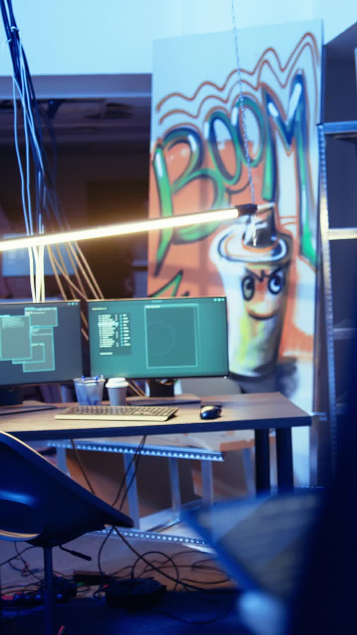 Hacker di video verticali che arriva con un tablet in una base nascosta, diffondendo virus