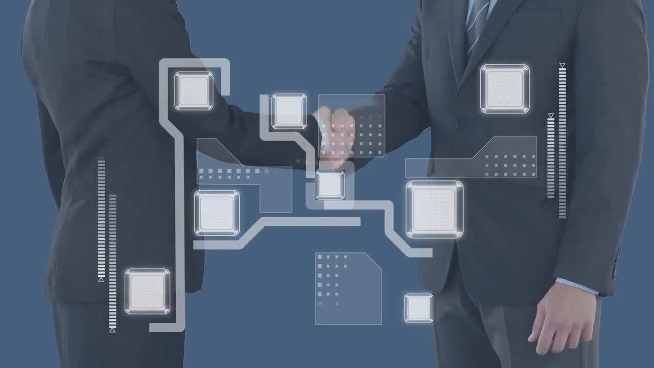 Animation of financial data processing over caucasian business people shaking hands
