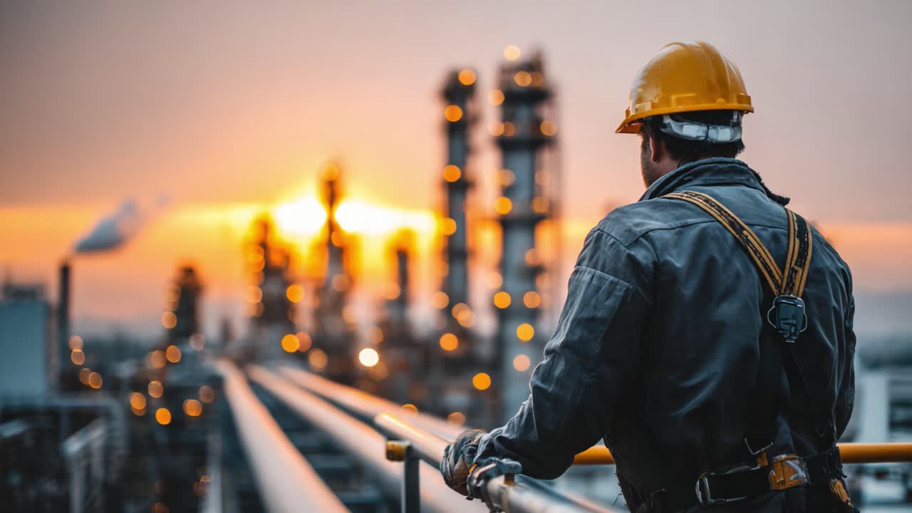A contemplative worker in a safety helmet observes the sunrise above industrial pipes and towering structures, reflecting the harmony of nature and industry