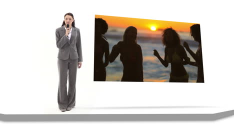 woman reporting on fun at the beach