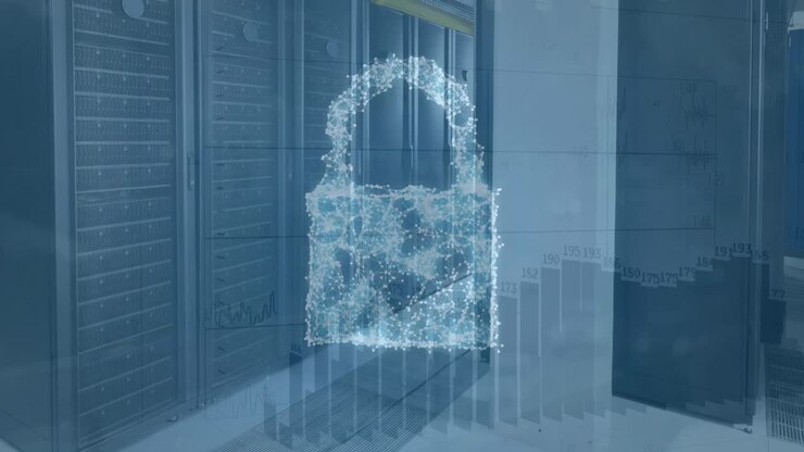Animation of security padlock and cloud icon over statistical data processing against server room