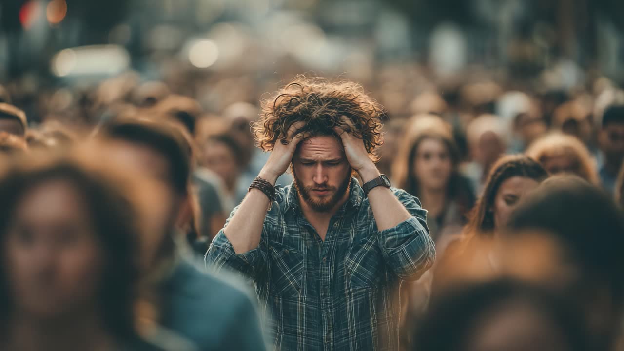 En ung mand oplever et øjeblik af indre konflikt, mens han bevæger sig gennem en tæt menneskemængde, der viser følelser af angst og eftertanke midt i byens stress og jag.
