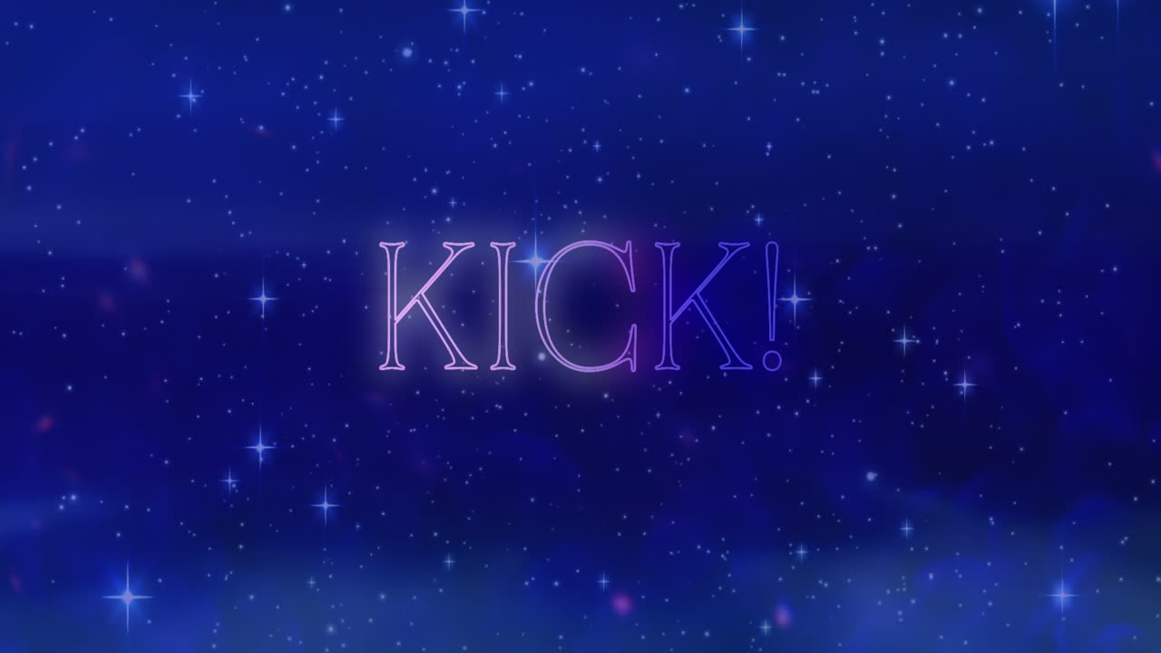 Animation of kick text with exclamation over stars and dots against blue background