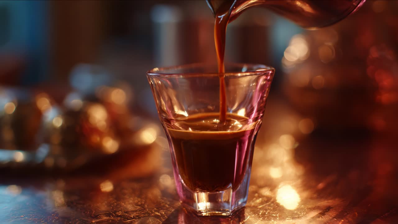 Captivating Moments of Coffee Pouring: A Visual Journey from Fresh Brew to Rich Depths in a Glass Cup Captured with Warm Light Emphasizing its Rich Color
