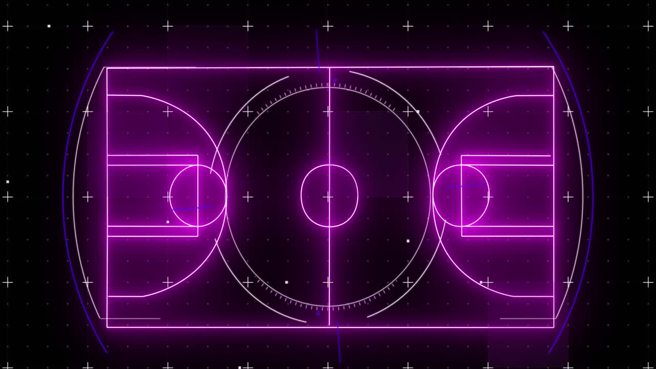 Animacja fioletowego neonowego boiska do koszykówki i znaczników.