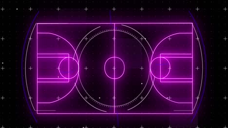 animation of purple neon basketball court and markers