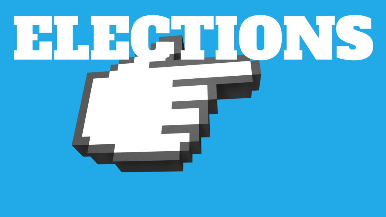 선거를 가리키는 픽셀화 된 손 커서 파란색 배경의 텍스트 애니메이션