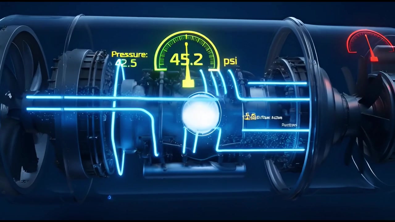 Szczegółowa animacja 3D wewnętrznej mechaniki i danych silnika odrzutowego