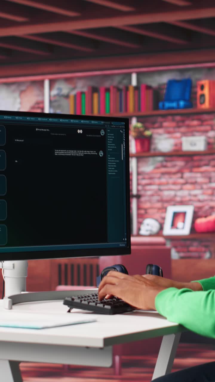 Vertical Video African american guy at home asks questions to AI chatbot virtual assistant