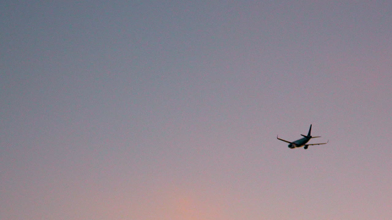 제트 비행기가 이륙하고 보라색 분홍색 색으로 올라가는 해가 지는 하늘