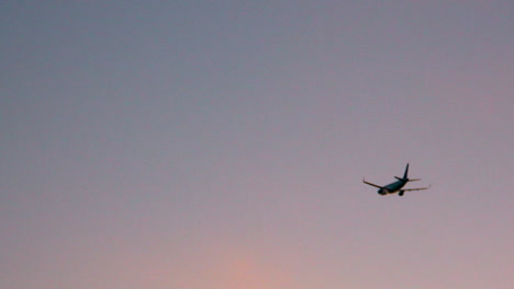 jet plane taking off and climbing into purple pink colors sunset sky