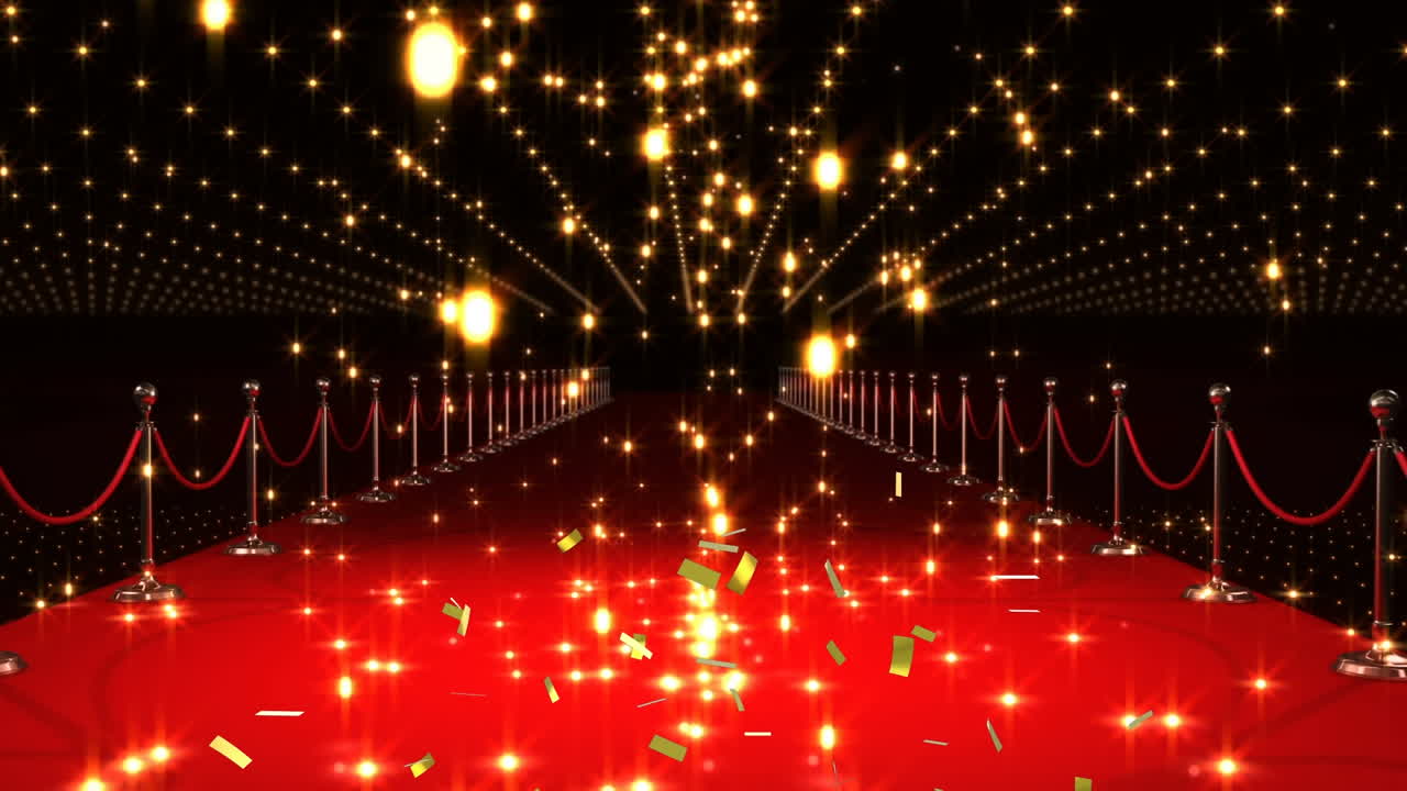 레드 카 ⁇  장소 위에 금 콘페티와 불꽃의 공의 애니메이션