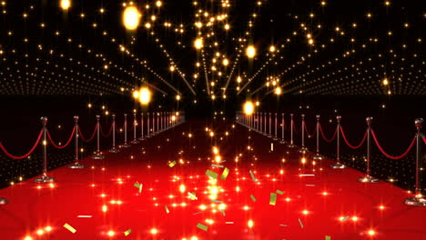 animación de confeti de oro y bolas de llamas sobre la alfombra roja del lugar