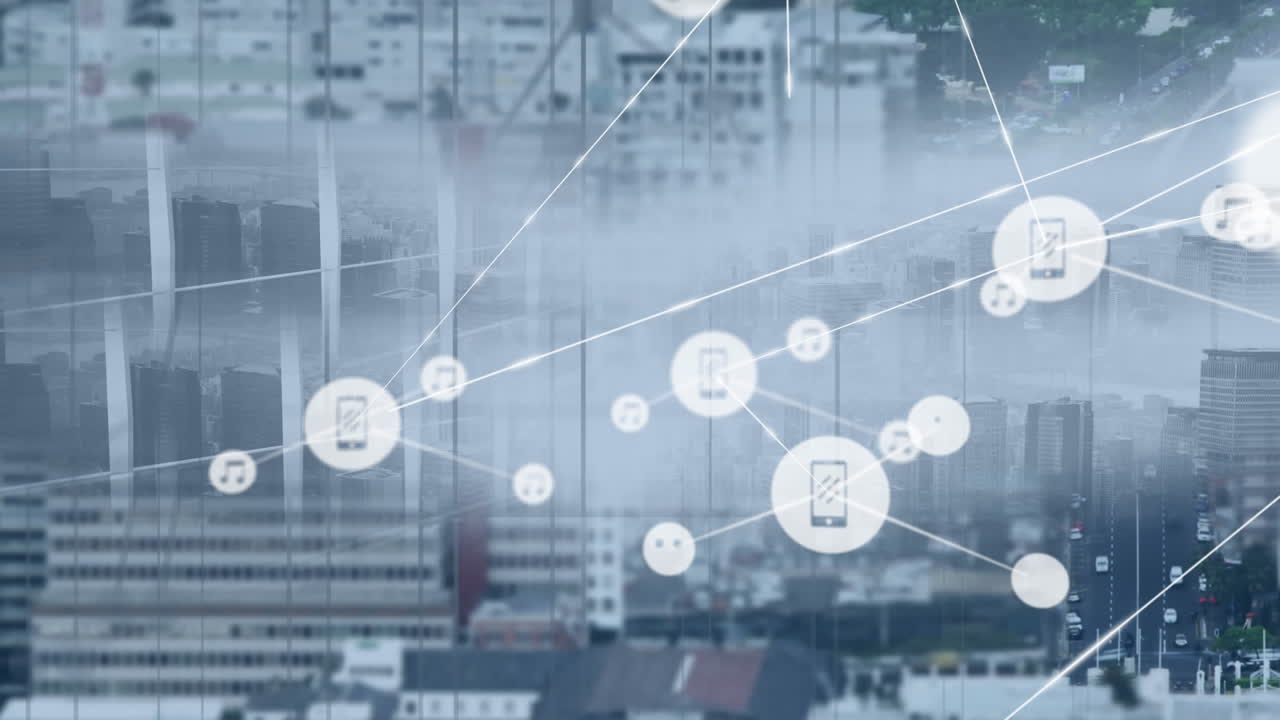 Animation eines Netzwerks von Verbindungen mit Ikonen über das Stadtbild