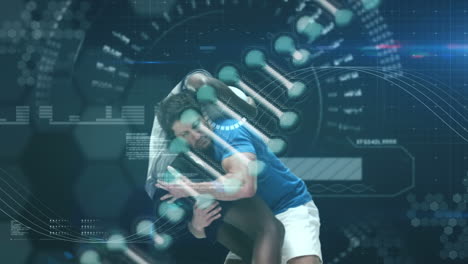 animation of digital interface with rotating dna strand and data processing over rugby players