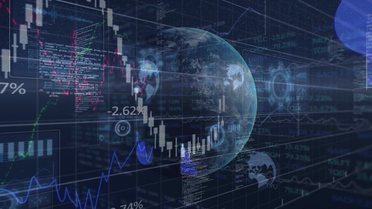 Animazione di interfaccia con globo, statistiche e informazioni che si muovono su sfondo nero