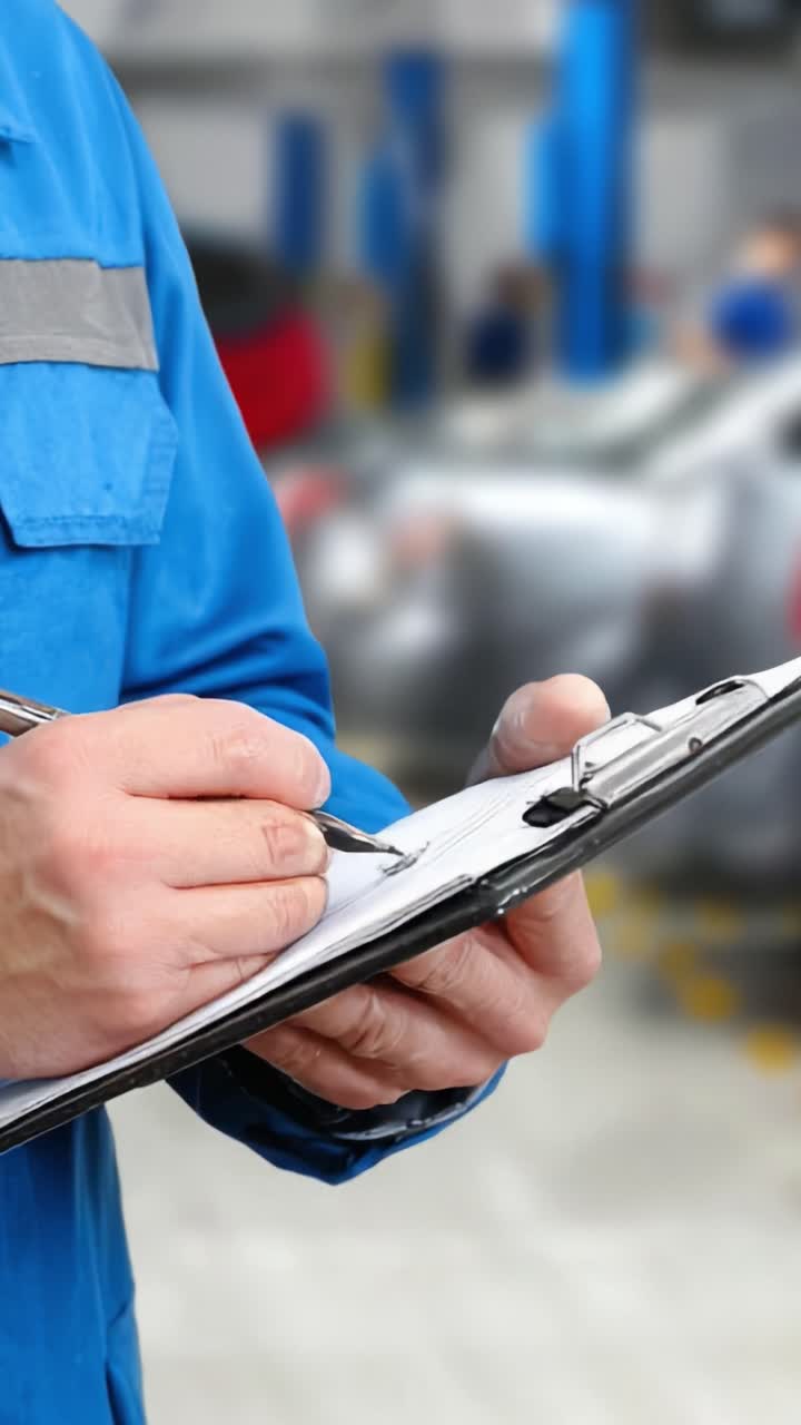Ein praktischer Inspektionsprozess: Mechaniker dokumentiert Fahrzeugdetails auf einem Klemmbrett in einer belebten Kfz-Werkstattumgebung