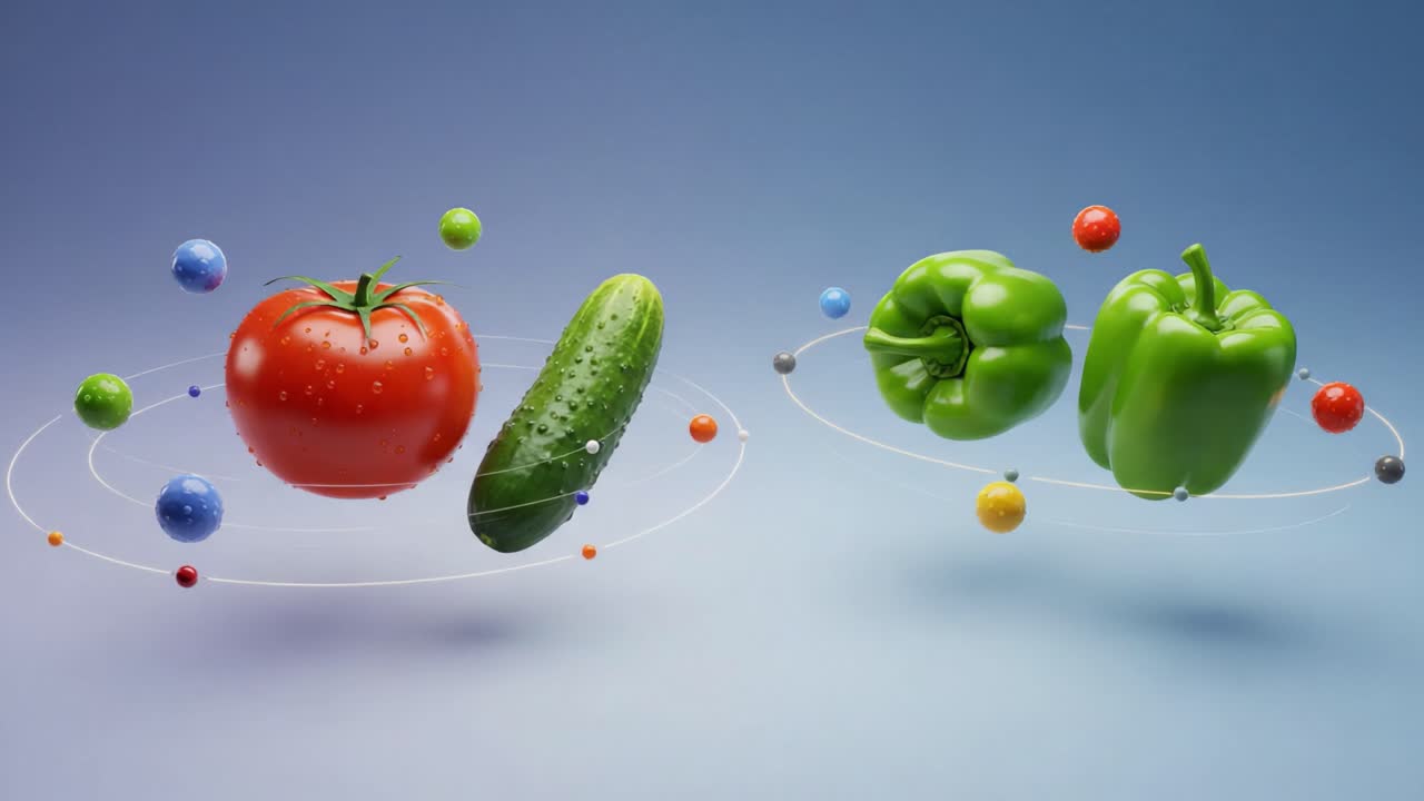 A Stunning Display of Fresh Vegetables in an Ethereal Space, Featuring Vibrant Green Peppers, Crisp Cucumbers, and Juicy Red Tomatoes Surrounded by Colorful Orbs
