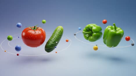 a stunning display of fresh vegetables in an ethereal space, featuring vibrant green peppers, crisp cucumbers, and juicy red tomatoes surrounded by colorful orbs