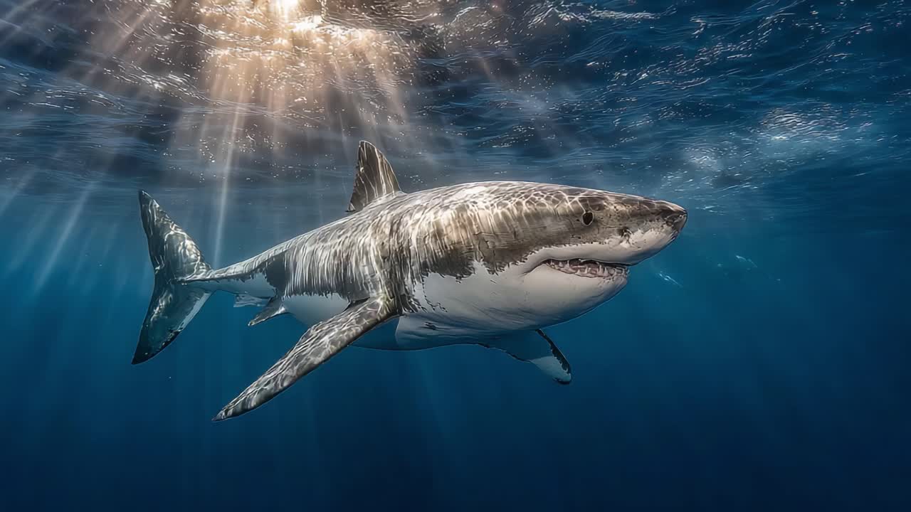 Majestic Great White Shark Gliding Through Crystal Clear Ocean Waters, Illuminated by Sunlight, Capturing the Grace and Power of One of Nature's Most Iconic Predators