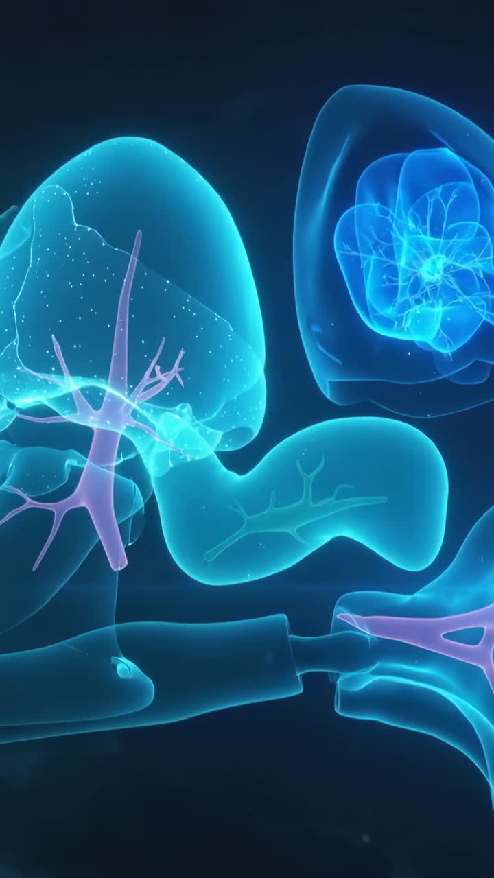 Vertical video: Panning camera showing cyan lung dome and bronchial tree in dark, revealing vessels