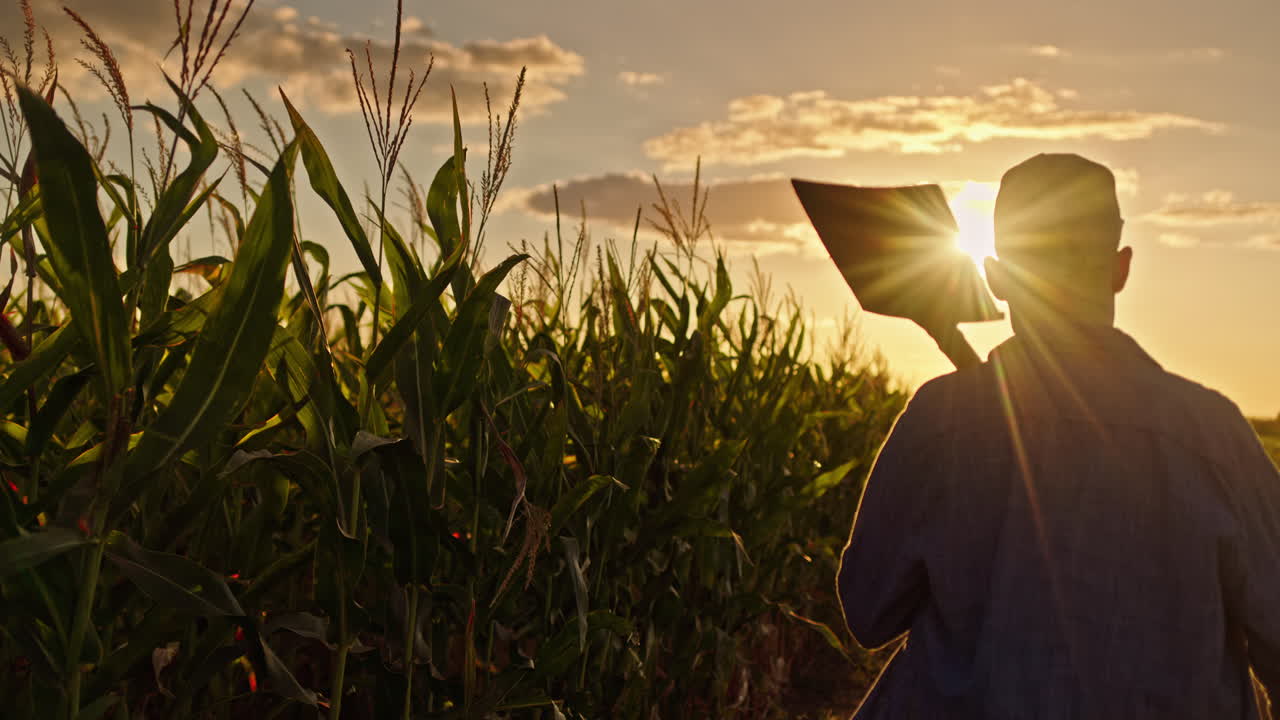 granjero en un campo de maíz al atardecer