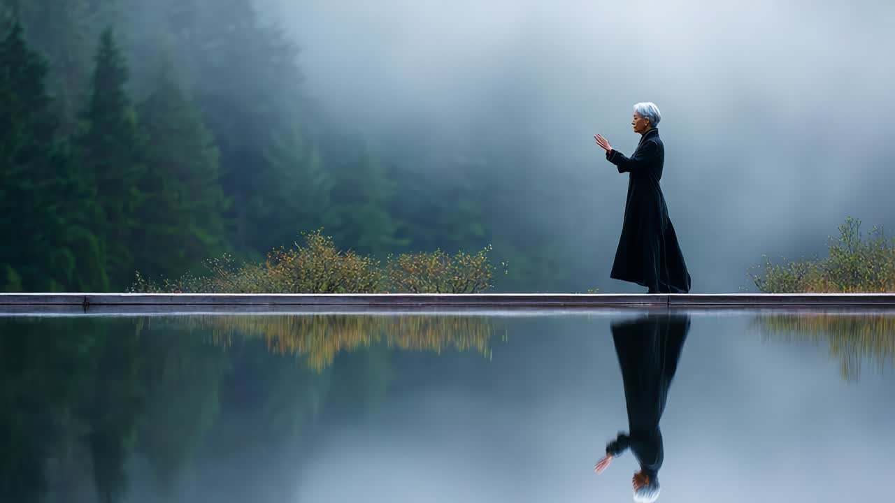 A Serene Moment of Reflection Amidst Misty Forest Landscape, Capturing Tranquility and Solitude as a Figure Stands on the Edge, Embracing Nature's Calmness and Stillness