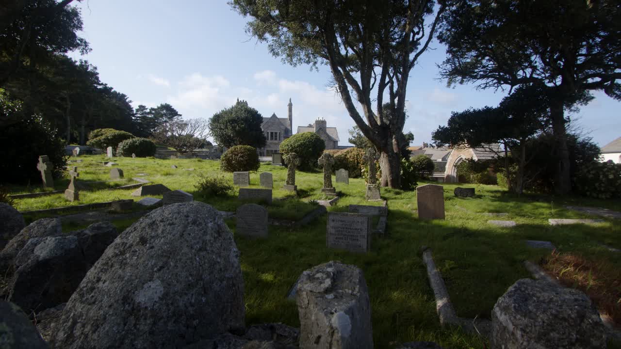 Extra Wide shot of church graveyard on Saint Michael's mount