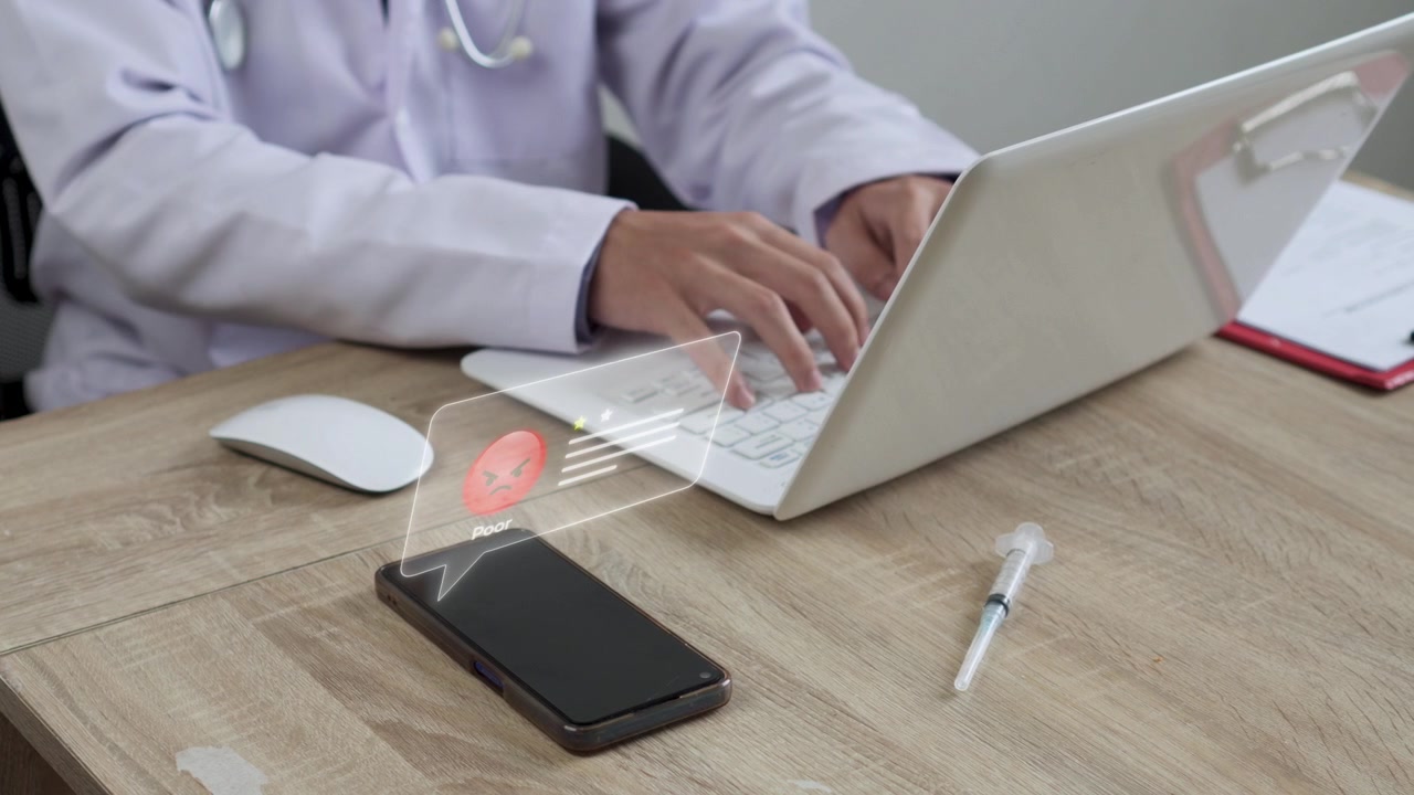Interfaz de mala reseña digital de cliente asomándose en un teléfono inteligente con un médico usando una laptop en una mesa