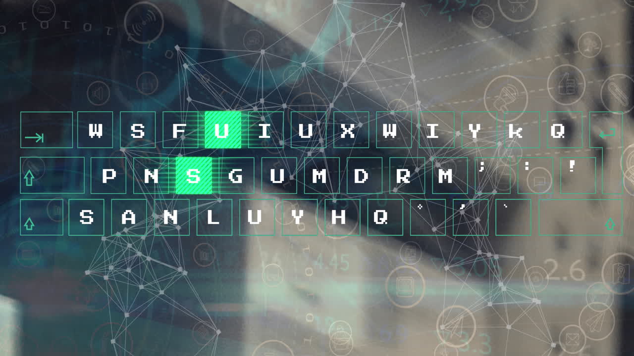 Animation of moving pattern on keyboard, connected dots, graphs, trading board over building