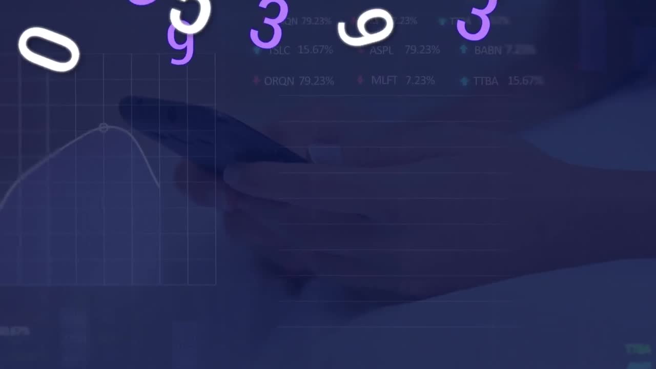 Animation of numbers and stock market data processing against mid section of person using smartphone