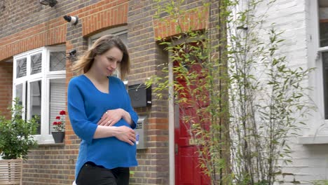 beautiful pregnant caucasian woman walking down mews street in london