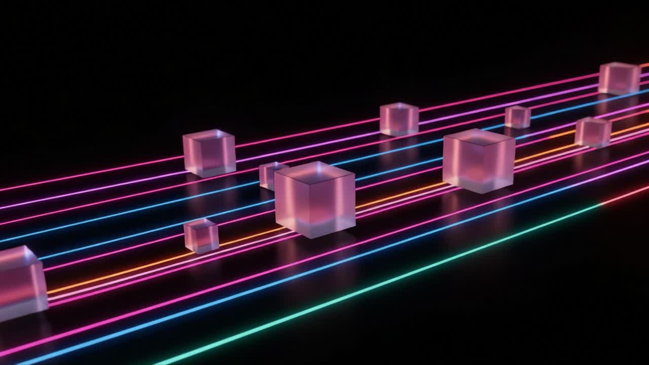 A Stunning Display of Glowing Cubes and Vibrant Neon Lines in a Dark Environment, Creating a Futuristic and Hypnotic Visual Experience