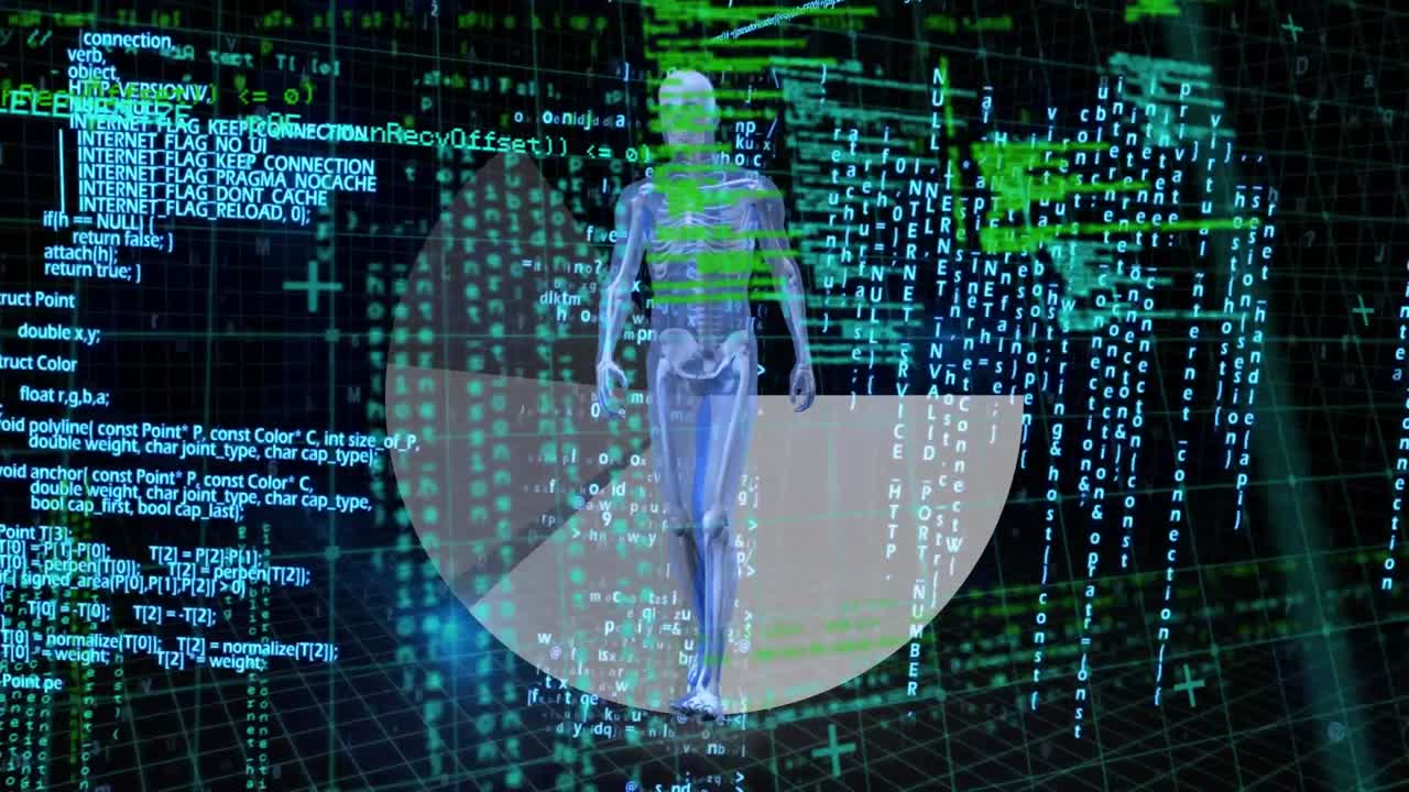 Animation of human body model over science data processing on dark background