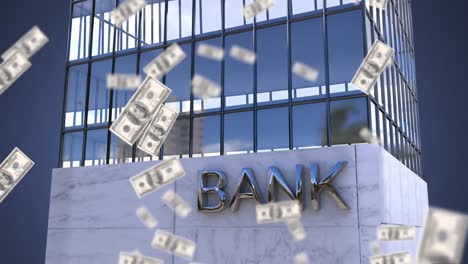 animación de billetes de dólar estadounidense que caen sobre un edificio de oficinas moderno