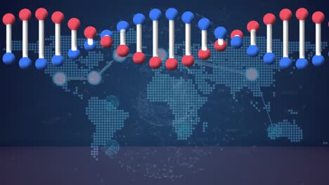 세계 지도와 회전하는 dna 가닥의 애니메이션, 어두운 배경