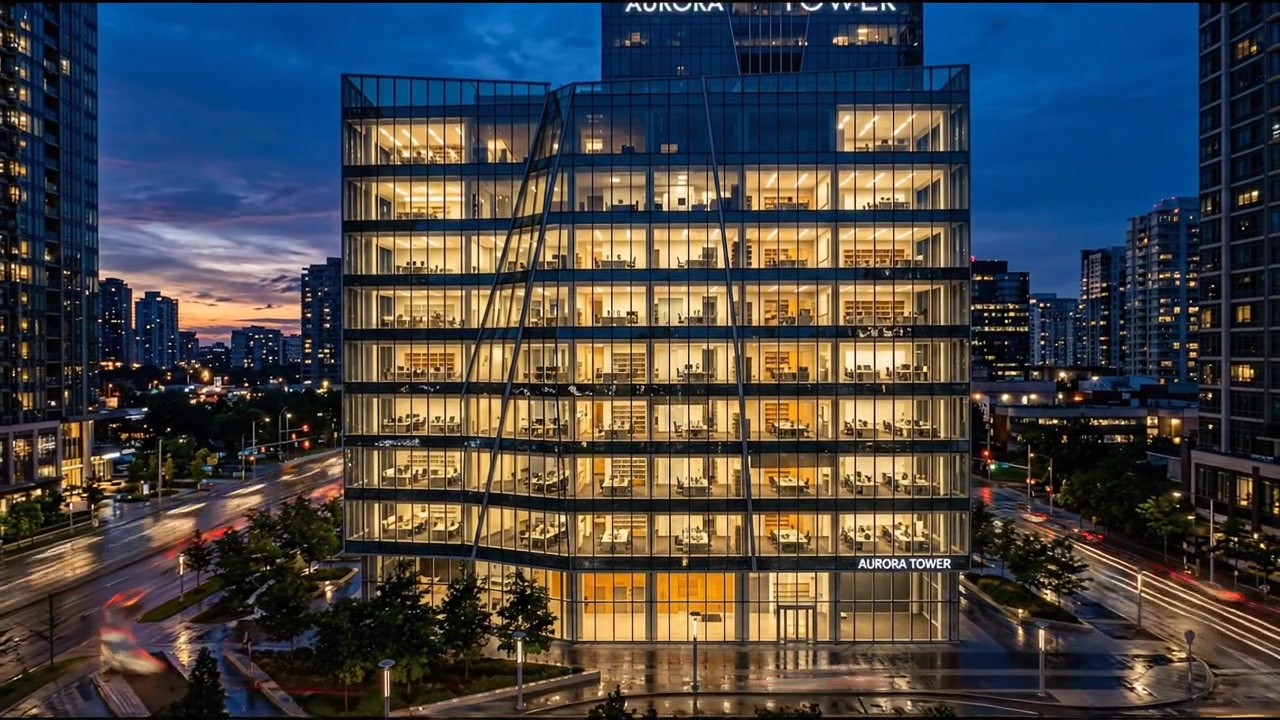 Fachada de edifício de escritórios contemporâneo com luzes interiores quentes à noite