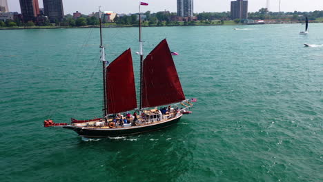 aerial view of a schooner on the detroit river, sunny, summer day at us canada border