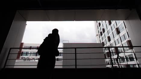 silueta de dos personas con bicicletas en un balcón con vistas a los edificios de la ciudad