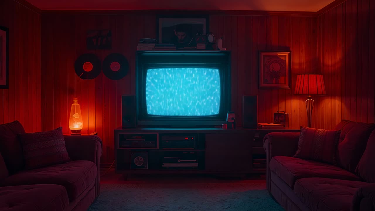Flickering CRT television emitting static in basement living room with glowing lava lamp