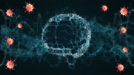 animación de células de covid-19 que se mueven sobre el cerebro humano y la hilera de adn girando