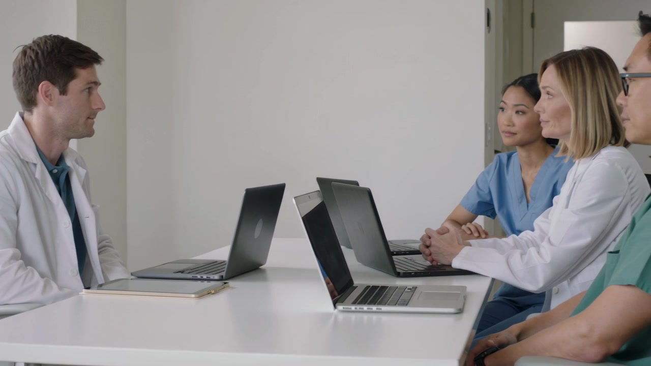 Médico explicando, con bata de laboratorio, presentando un caso en una clínica, portátiles abiertos, cuaderno, espacio para texto.